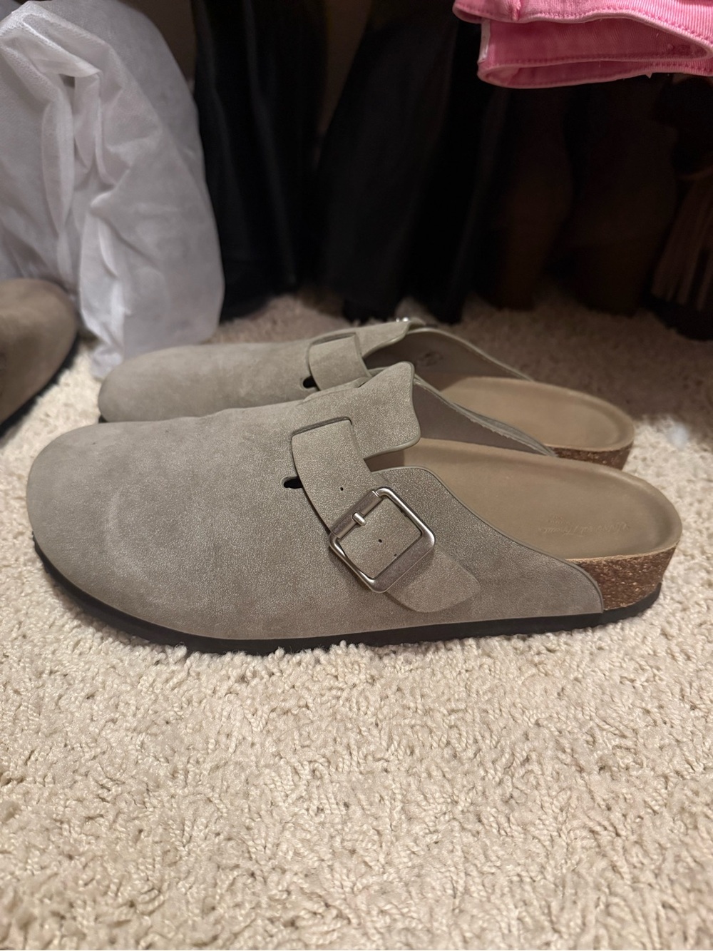 Women's Suede Slip-On Clog with Adjustable Buckle - Taupe